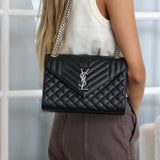 Saint Laurent Black Grain de Poudre Triquilt Envelope Flap with Silver Hardware