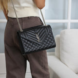 Saint Laurent Black Grain de Poudre Triquilt Envelope Flap with Silver Hardware