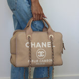 Chanel Beige Canvas Deauville Bowling Bag with Silver Hardware