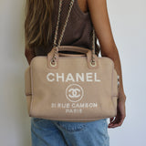 Chanel Beige Canvas Deauville Bowling Bag with Silver Hardware
