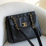 Vintage Chanel Black Caviar Zipped Shopping Tote with 24k Gold Hardware