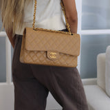 Vintage Chanel Dark Beige Caviar Medium Classic Flap with 24k Gold Hardware