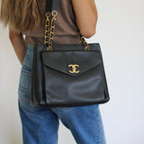Vintage Chanel Black Caviar Zipped Shopping Tote with 24k Gold Hardware