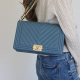 Chanel 18S Blue Caviar New Medium Boy with Light Gold Hardware