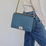 Chanel 18S Blue Caviar New Medium Boy with Light Gold Hardware