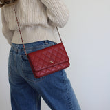 Chanel Red Caviar Wallet on Chain with Silver Hardware