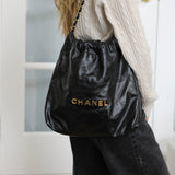 Chanel Black Calfskin Small 22 Hobo with Aged Gold Hardware