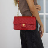 Vintage Chanel Red Lambskin Small Classic Flap with 24k Gold Hardware