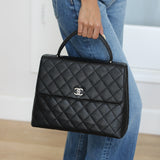 Vintage Chanel Black Caviar Large Kelly Top Handle with Silver Hardware