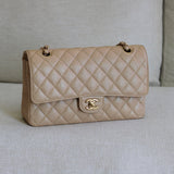 Chanel 19S Iridescent Beige Caviar Medium Classic Flap with Light Gold Hardware