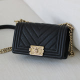 Chanel 20A Black Chevron Caviar Small Boy with Light Gold Hardware
