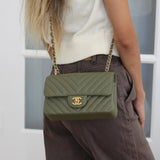 Chanel Olive Green Calfskin Chevron Mini Rectangle with Aged Gold Hardware