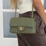 Chanel Olive Green Calfskin Chevron Mini Rectangle with Aged Gold Hardware
