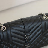 Saint Laurent Black Grain de Poudre Triquilt Envelope Flap with Silver Hardware