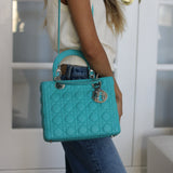 Dior Turquoise Lambskin Medium Lady Dior with Silver Hardware