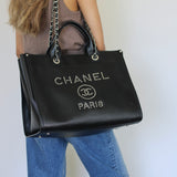 Chanel Black Caviar Large Deauville Tote with Silver Hardware