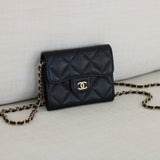 Chanel Black Caviar Card Holder on Chain with Light Gold Hardware