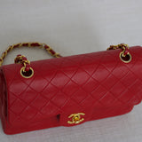 Vintage Chanel Red Lambskin Small Classic Flap with 24k Gold Hardware