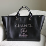 Chanel Black Caviar Large Deauville Tote with Silver Hardware