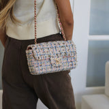 Chanel Pink/Blue Tweed Mini Rectangle with Light Gold Hardware