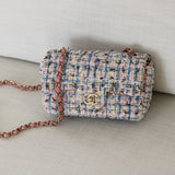 Chanel Pink/Blue Tweed Mini Rectangle with Light Gold Hardware