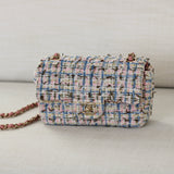 Chanel Pink/Blue Tweed Mini Rectangle with Light Gold Hardware