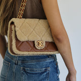 Chanel 24K Brown Lambskin Shearling Medium Flap with Aged Gold Hardware