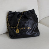 Chanel Black Calfskin Small 22 Hobo with Aged Gold Hardware