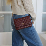 Chanel 15B Burgundy Caviar Wallet on Chain with Aged Gold Hardware
