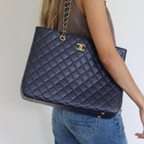 Chanel 16A Navy Caviar CC Large Shopping Tote with Aged Gold Hardware
