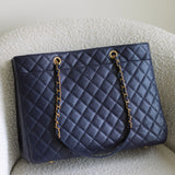 Chanel 16A Navy Caviar CC Large Shopping Tote with Aged Gold Hardware