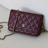 Chanel 15B Burgundy Caviar Wallet on Chain with Aged Gold Hardware
