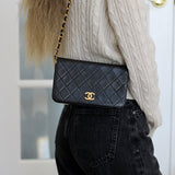 Vintage Chanel Black Lambskin Mini Full Flap Wallet on Chain with 24k Gold Hardware