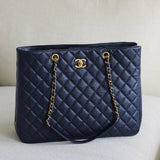 Chanel 16A Navy Caviar CC Large Shopping Tote with Aged Gold Hardware