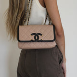 Chanel Beige & Black Caviar Small Filigree Flap with Aged Gold Hardware
