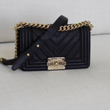 Chanel 20A Black Chevron Caviar Small Boy with Light Gold Hardware