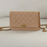 Chanel Beige Caviar Boy Wallet on Chain with Aged Gold Hardware