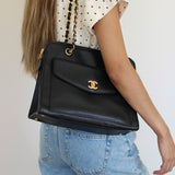 Vintage Chanel Black Caviar Zipped Shopping Tote with 24k Gold Hardware