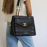 Vintage Chanel Black Caviar Zipped Shopping Tote with 24k Gold Hardware