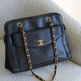 Vintage Chanel Black Caviar Zipped Shopping Tote with 24k Gold Hardware