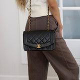 Vintage Chanel Black Lambskin Small Diana with 24k Gold Hardware