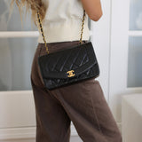 Vintage Chanel Black Lambskin Small Diana with 24k Gold Hardware