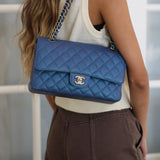 Chanel Iridescent Blue Caviar Medium Classic Flap with Light Gold Hardware