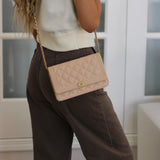 Chanel Beige Caviar Boy Wallet on Chain with Aged Gold Hardware