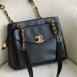 Vintage Chanel Black Caviar Zipped Shopping Tote with 24k Gold Hardware