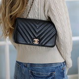 Chanel Black Chevron Calfskin Mini Statement Flap with Light Gold Hardware