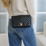 Chanel Black Chevron Calfskin Mini Statement Flap with Light Gold Hardware
