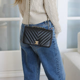 Chanel Black Chevron Calfskin Mini Statement Flap with Light Gold Hardware