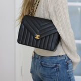 Vintage Chanel Black Lambskin Chevron Envelope Flap with 24k Gold Hardware