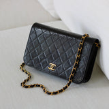 Vintage Chanel Black Lambskin Full Flap Wallet on Chain with 24k Gold Hardware